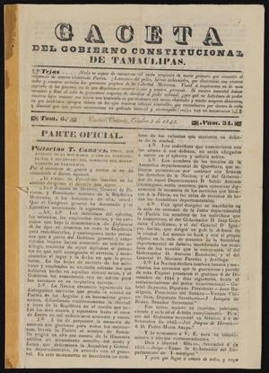 Primary view of object titled 'Gaceta del Gobierno de Tamaulipas, Tomo 6, Número 34, Octubre 5 de 1845'.