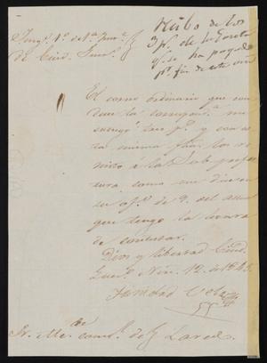 Primary view of object titled '[Letter from Juzgado Trinidad Vela to the Laredo Alcalde, November 12, 1845]'.