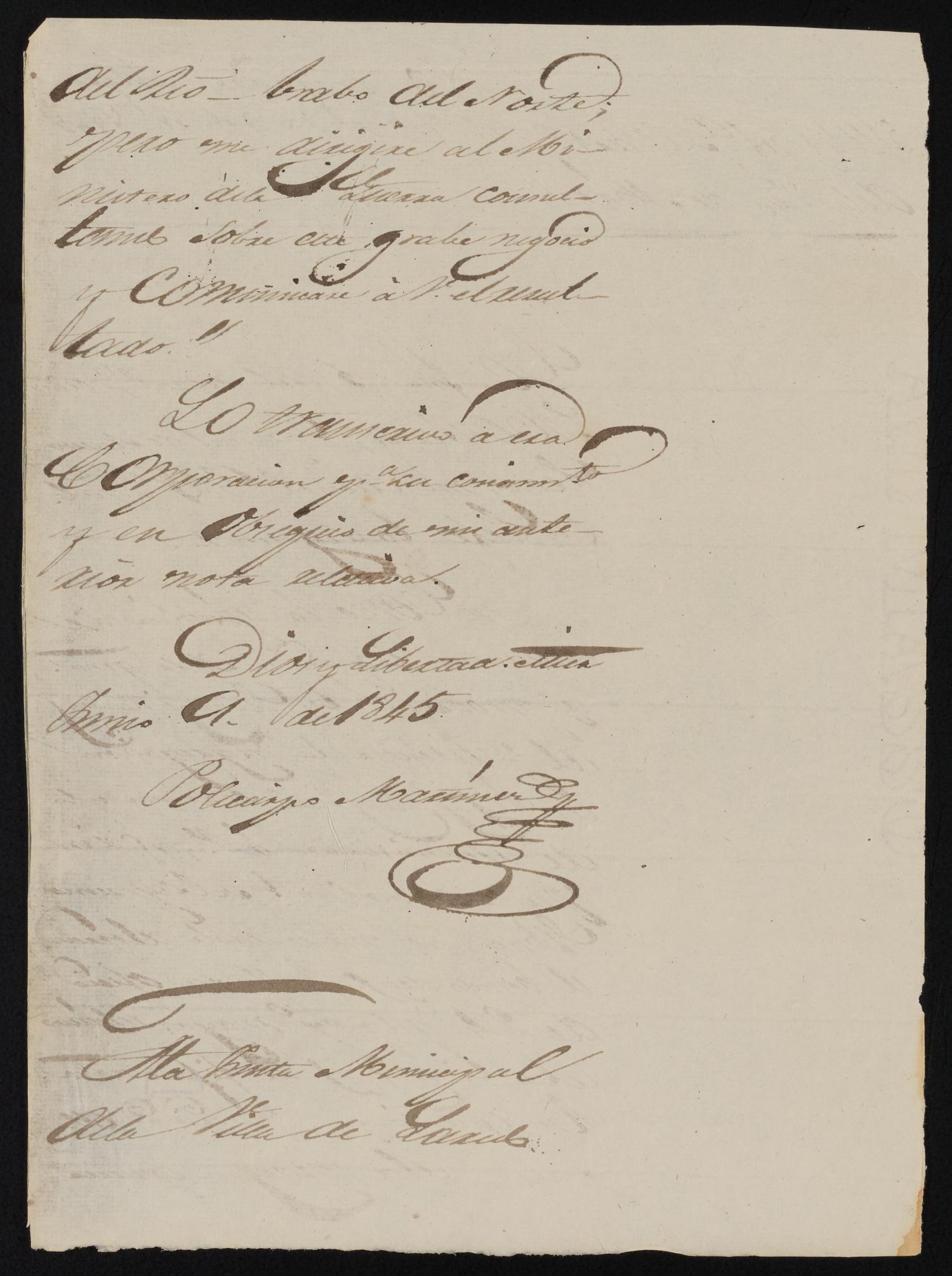 [Letter from Policarzo Martinez to the Laredo Junta Municipal, June 9, 1845]
                                                
                                                    [Sequence #]: 2 of 2
                                                