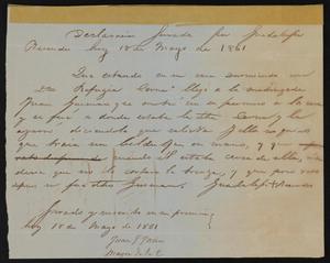 Primary view of object titled 'Declaración Jurada por Guadalupe Revendes hoy 18 de Mayo de 1861'.