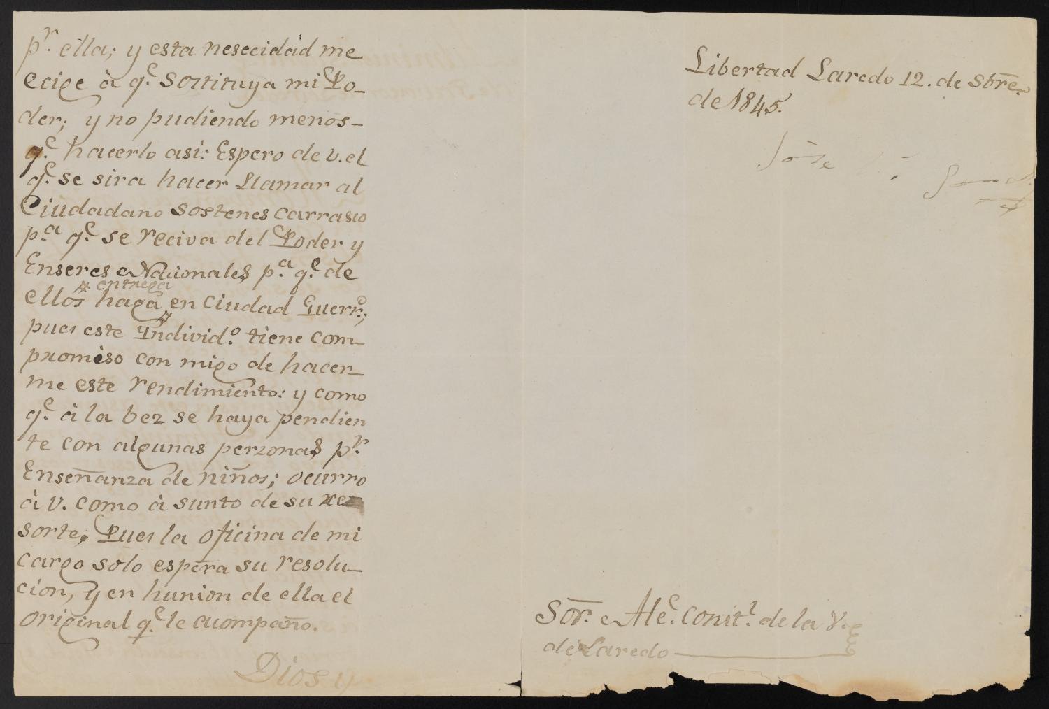 [Letter from the Tobacco Administration to the Laredo Alcalde, September 12, 1845]
                                                
                                                    [Sequence #]: 2 of 3
                                                