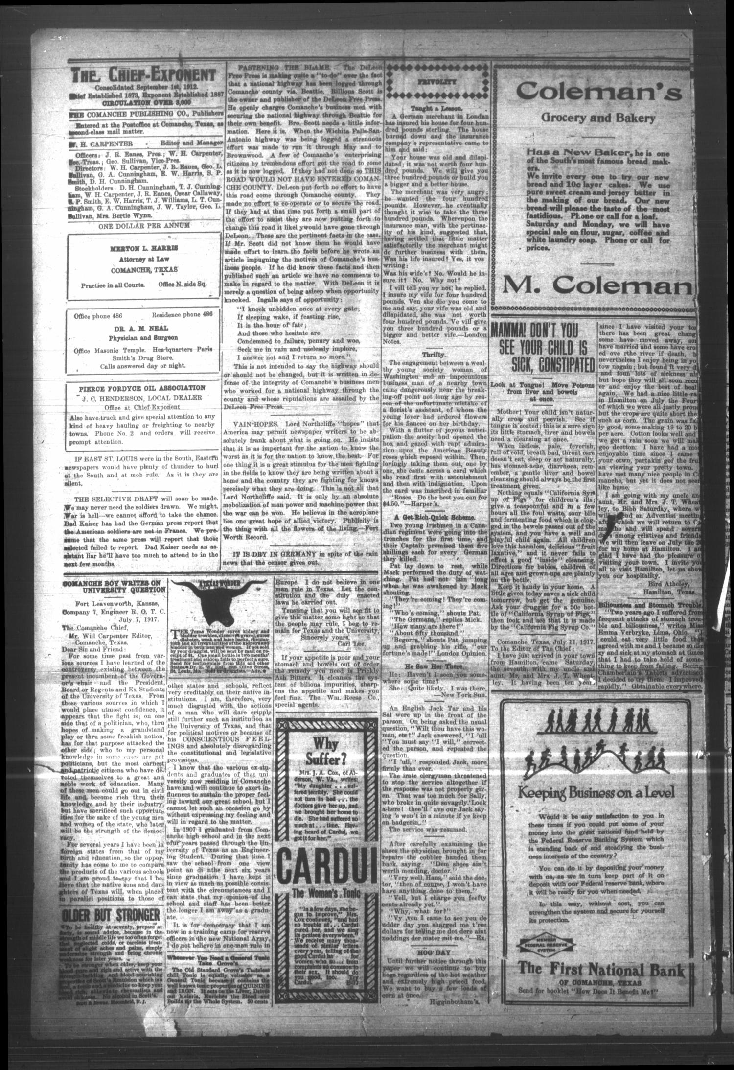The Comanche Chief and Pioneer Exponent (Comanche, Tex.), Vol. 45, No. 47, Ed. 1 Friday, July 20, 1917
                                                
                                                    [Sequence #]: 2 of 8
                                                