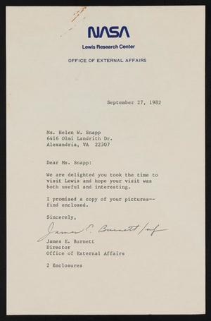 Primary view of object titled '[Letter from James E. Burnett to Helen W. Snapp, September 27, 1982]'.