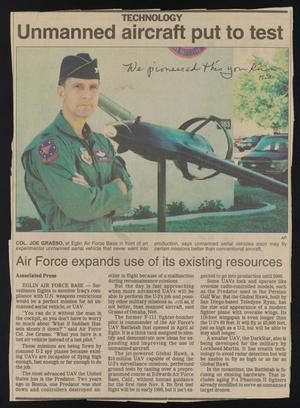 Primary view of object titled '[Clipping: Unmanned aircraft put to test: Air Force expands use of its existing resources #1]'.