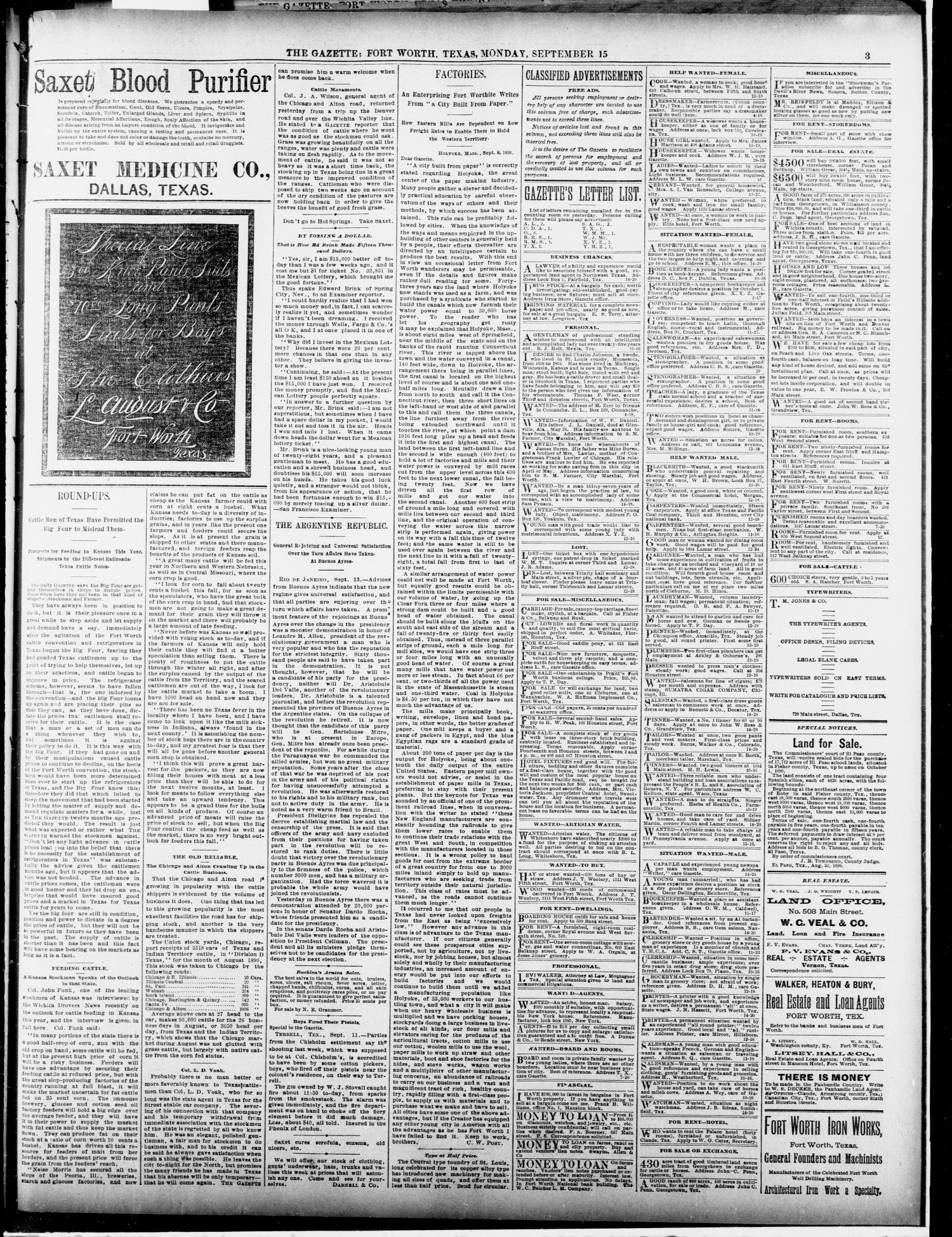 Fort Worth Daily Gazette. (Fort Worth, Tex.), Vol. 14, No. 337, Ed. 1, Monday, September 15, 1890
                                                
                                                    [Sequence #]: 3 of 8
                                                
