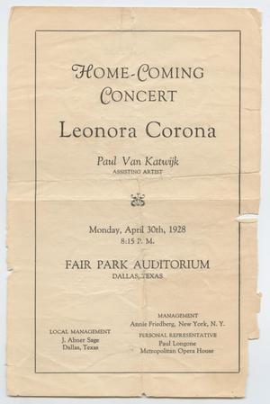 Primary view of object titled '[Program for Homecoming Concert of Leonora Corona, April 30, 1928]'.