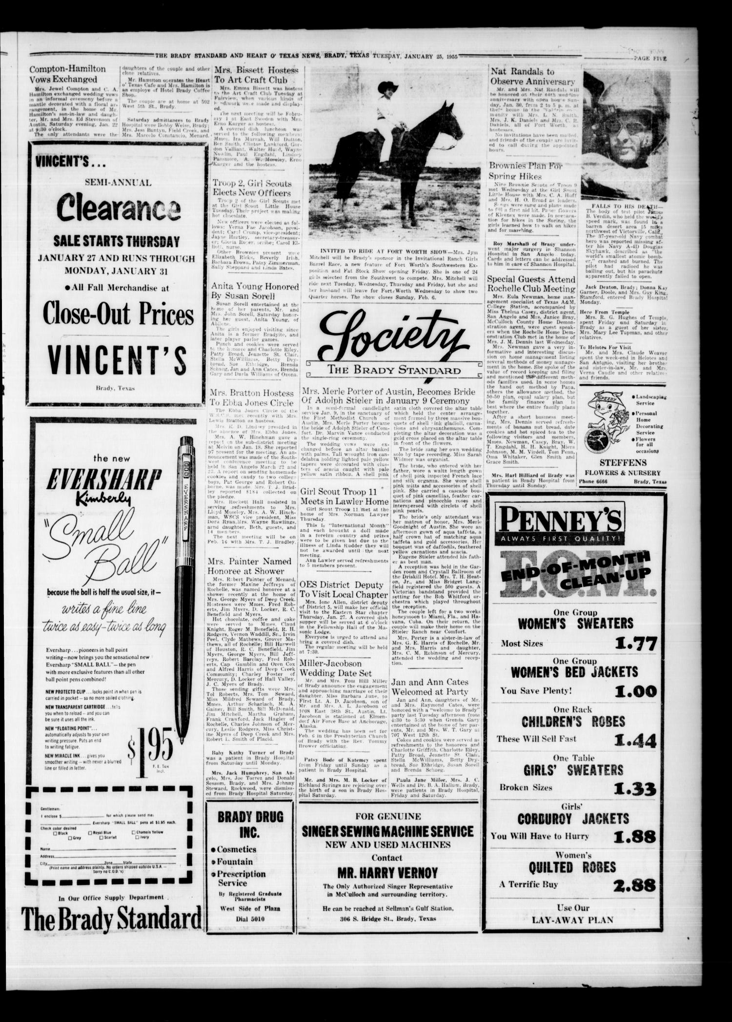 The Brady Standard and Heart O' Texas News (Brady, Tex.), Vol. 46, No. 88, Ed. 1 Tuesday, January 25, 1955
                                                
                                                    [Sequence #]: 5 of 8
                                                