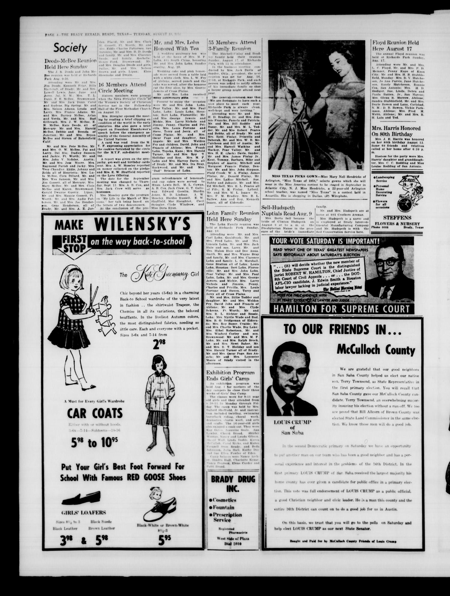 The Brady Herald (Brady, Tex.), Vol. 15, No. 46, Ed. 1 Tuesday, August 19, 1958
                                                
                                                    [Sequence #]: 4 of 8
                                                