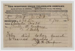 Primary view of object titled '[Telegram from I. H. Kempner to D. W. Kempner, April 30, 1905]'.