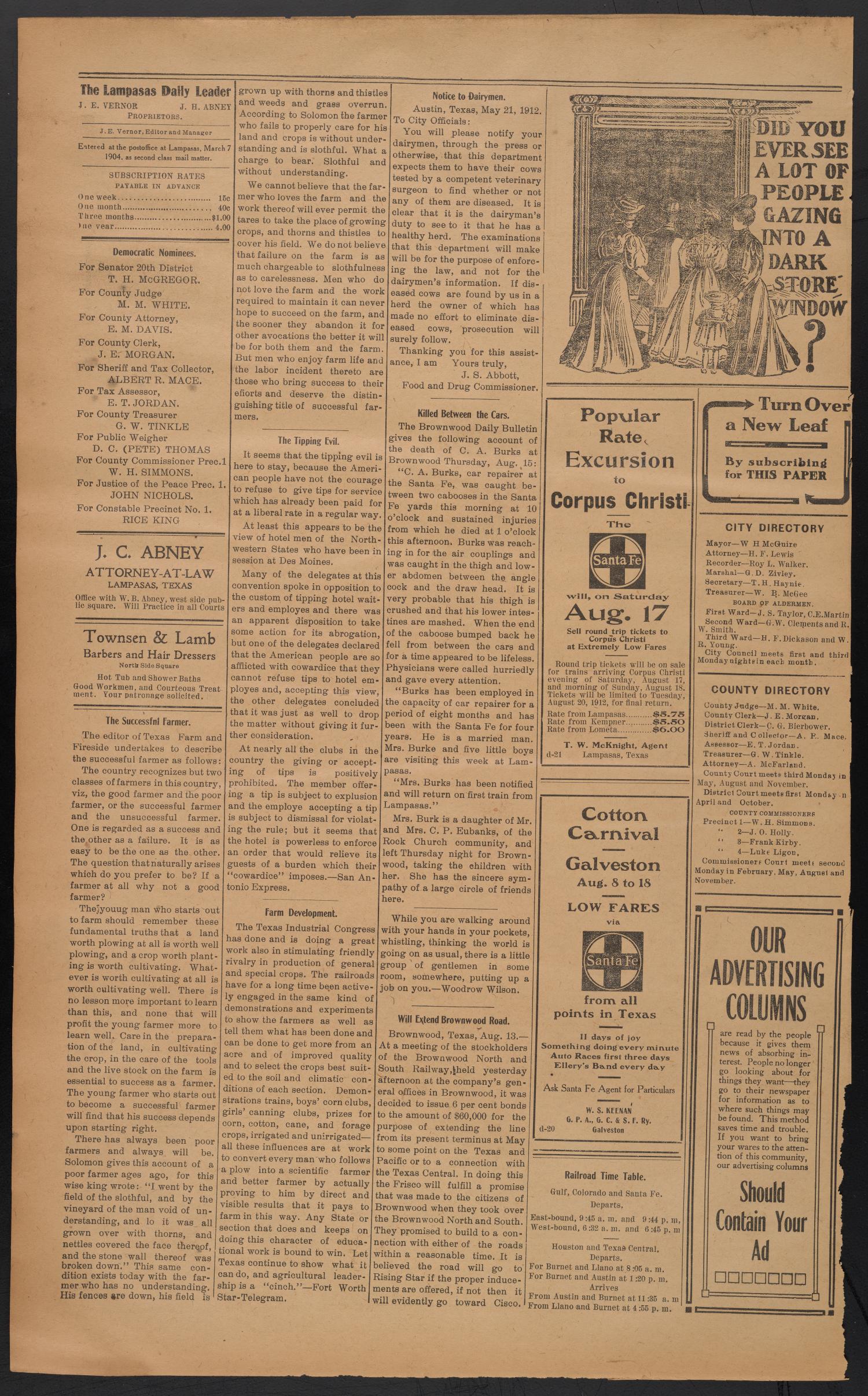 The Lampasas Daily Leader. (Lampasas, Tex.), Vol. 9, No. 3320, Ed. 1 Friday, August 16, 1912
                                                
                                                    [Sequence #]: 4 of 4
                                                