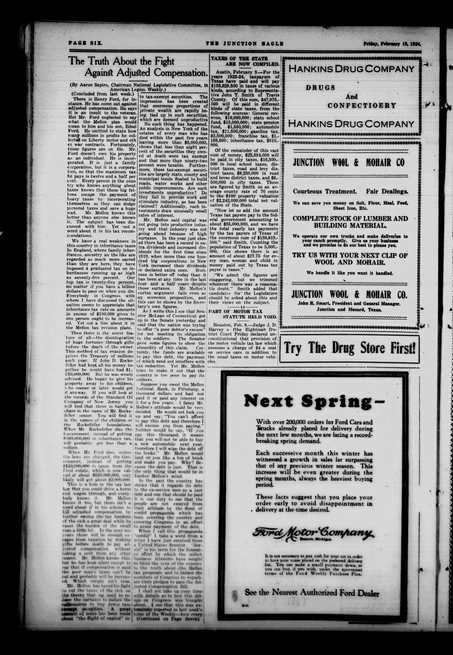 The Junction Eagle (Junction, Tex.), Vol. 40, No. 43, Ed. 1 Friday, February 15, 1924
                                                
                                                    [Sequence #]: 6 of 8
                                                
