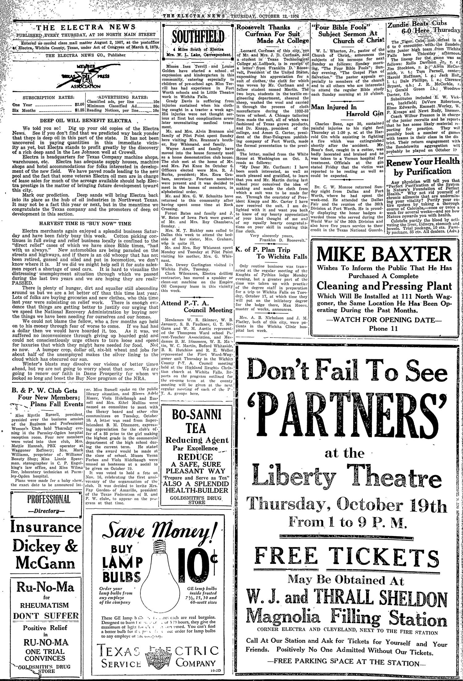 The Electra News (Electra, Tex.), Vol. 27, No. 6, Ed. 1 Thursday, October 12, 1933
                                                
                                                    [Sequence #]: 2 of 4
                                                