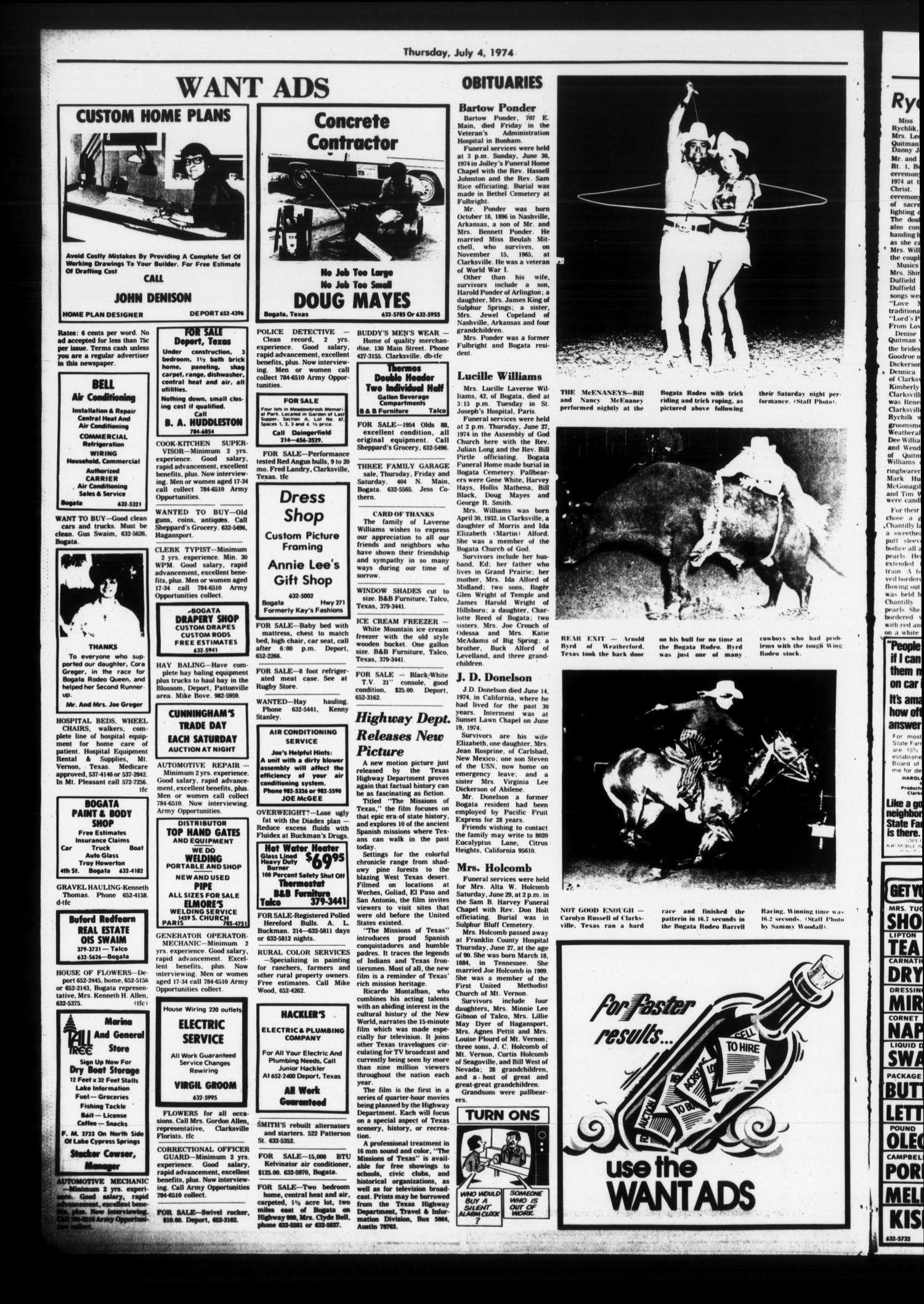 The Bogata News (Bogata, Tex.), Vol. 64, No. 23, Ed. 1 Thursday, July 4, 1974
                                                
                                                    [Sequence #]: 4 of 6
                                                