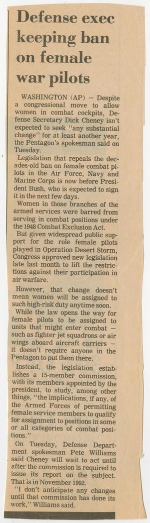 Primary view of object titled '[Clipping: Defense exec keeping ban on female war pilots]'.