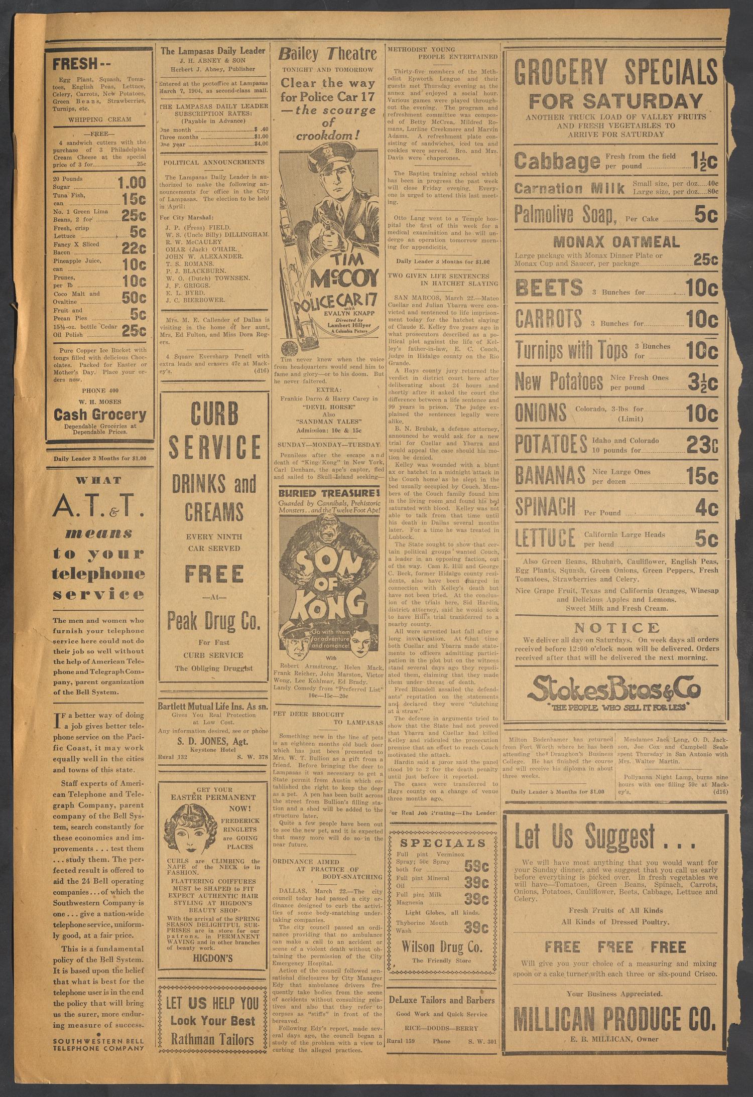 The Lampasas Daily Leader (Lampasas, Tex.), Vol. 31, No. 15, Ed. 1 Friday, March 23, 1934
                                                
                                                    [Sequence #]: 4 of 4
                                                