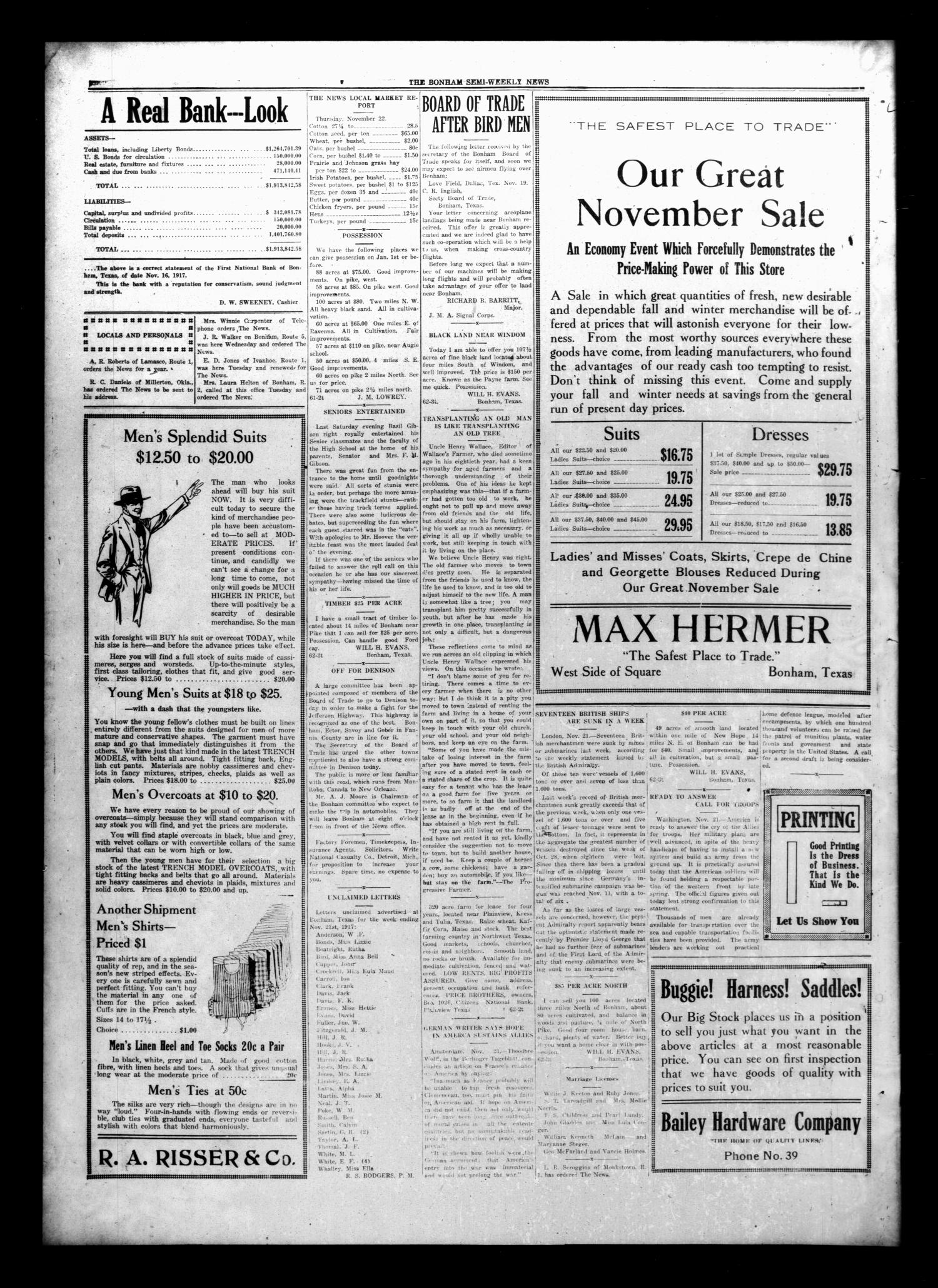 The Bonham News (Bonham, Tex.), Vol. 52, No. 62, Ed. 1 Friday, November 23, 1917
                                                
                                                    [Sequence #]: 6 of 6
                                                