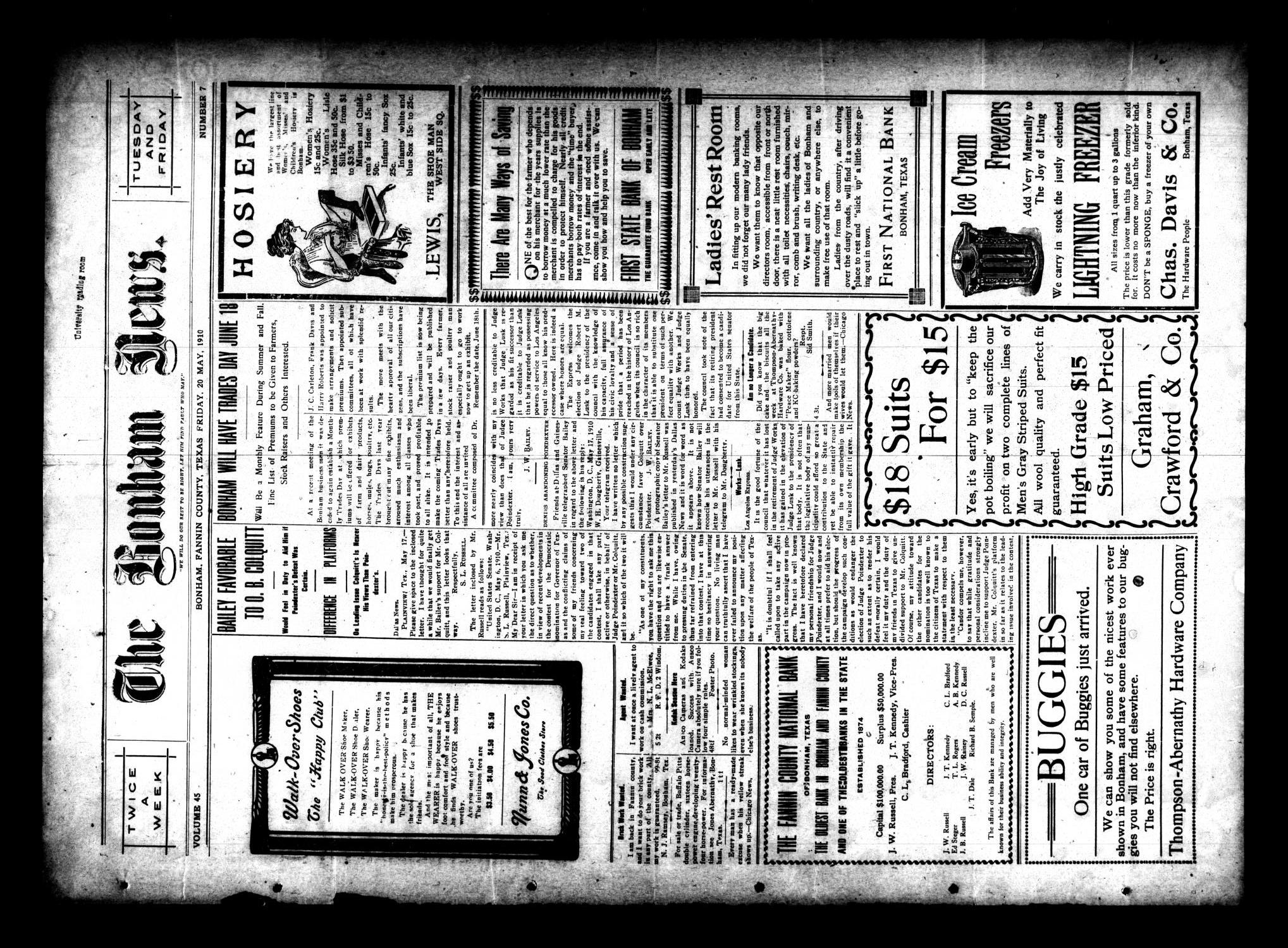 The Bonham News. (Bonham, Tex.), Vol. 45, No. 7, Ed. 1 Friday, May 20, 1910
                                                
                                                    [Sequence #]: 1 of 4
                                                