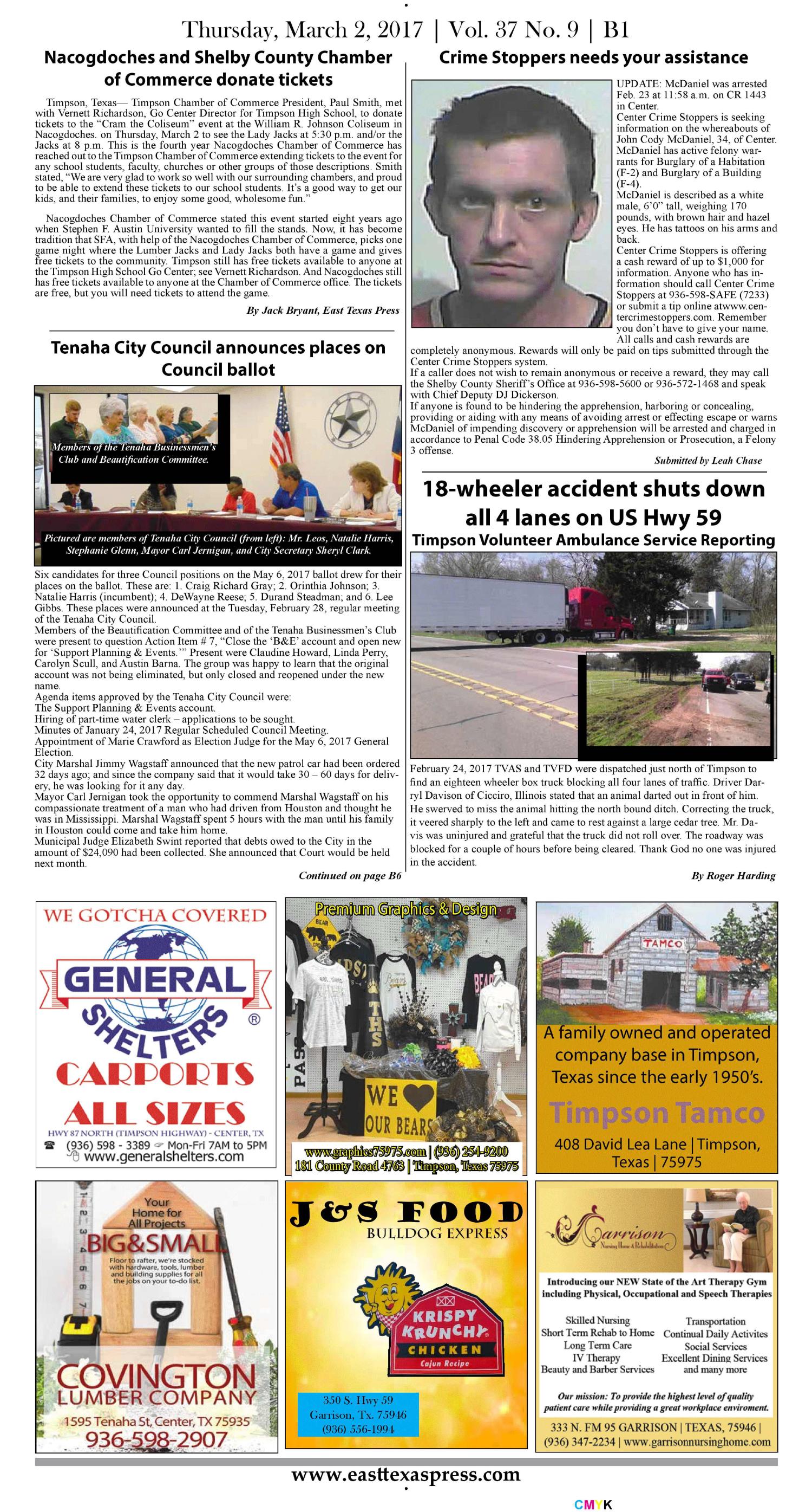 East Texas Press (Timpson, Tex.), Vol. 37, No. 9, Ed. 1 Thursday, March 2, 2017
                                                
                                                    [Sequence #]: 9 of 16
                                                