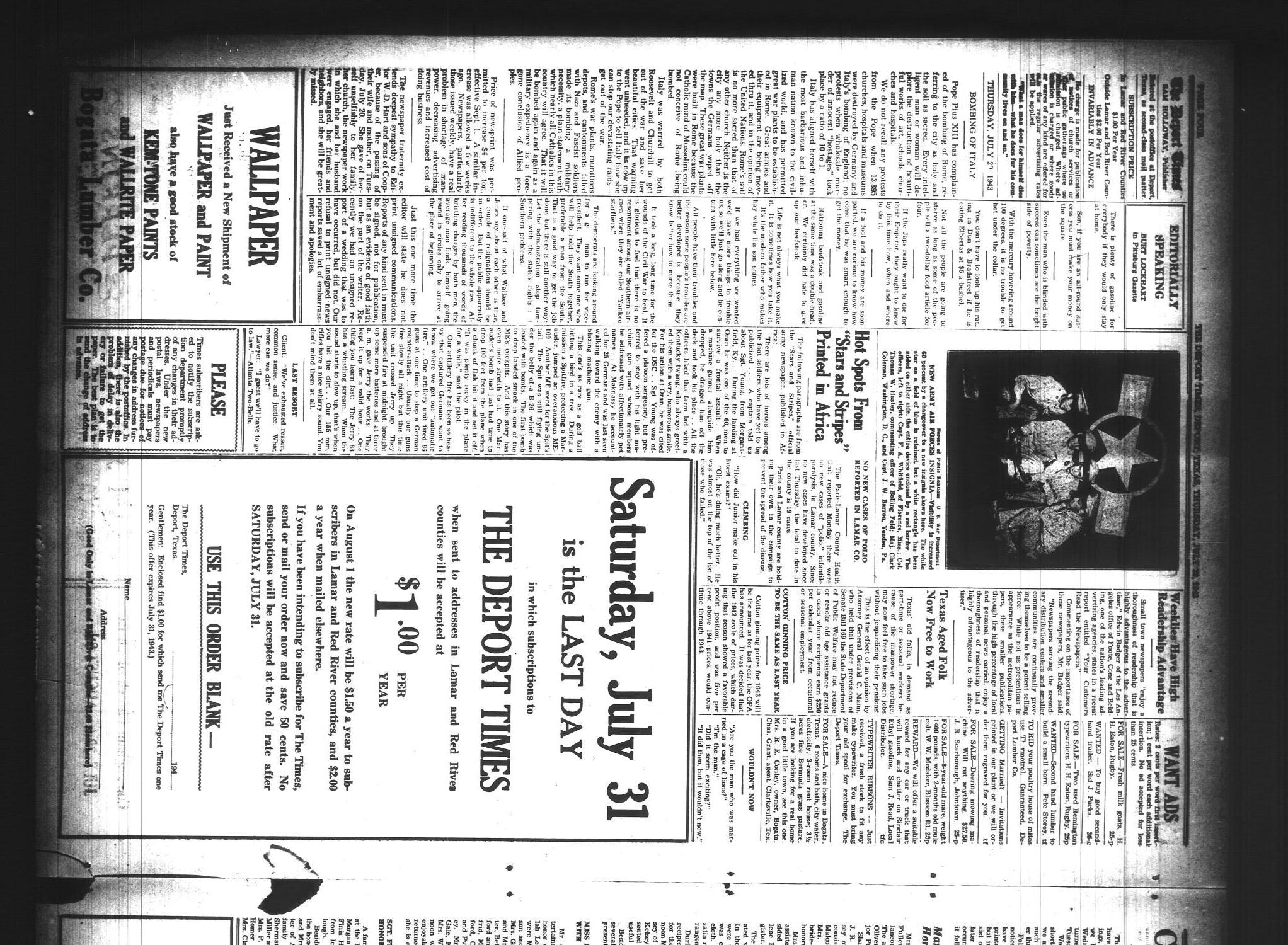The Deport Times (Deport, Tex.), Vol. 35, No. 25, Ed. 1 Thursday, July 29, 1943
                                                
                                                    [Sequence #]: 4 of 8
                                                