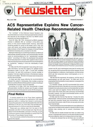 Primary view of object titled 'The University of Texas System Cancer Center Newsletter, Volume 25, Number 3, May-June 1980'.