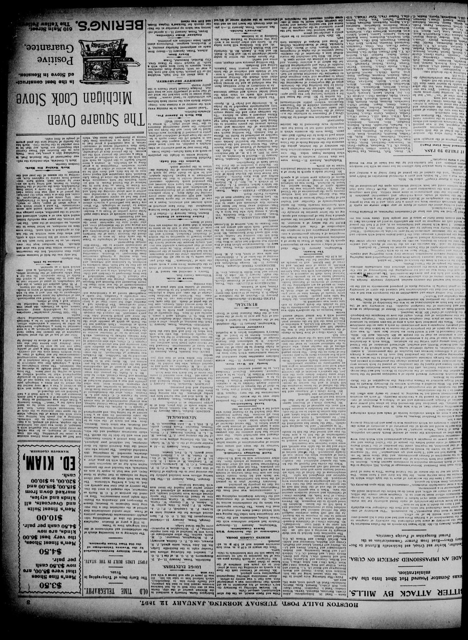 The Houston Daily Post (Houston, Tex.), Vol. TWELFTH YEAR, No. 283, Ed. 1, Tuesday, January 12, 1897
                                                
                                                    [Sequence #]: 3 of 10
                                                