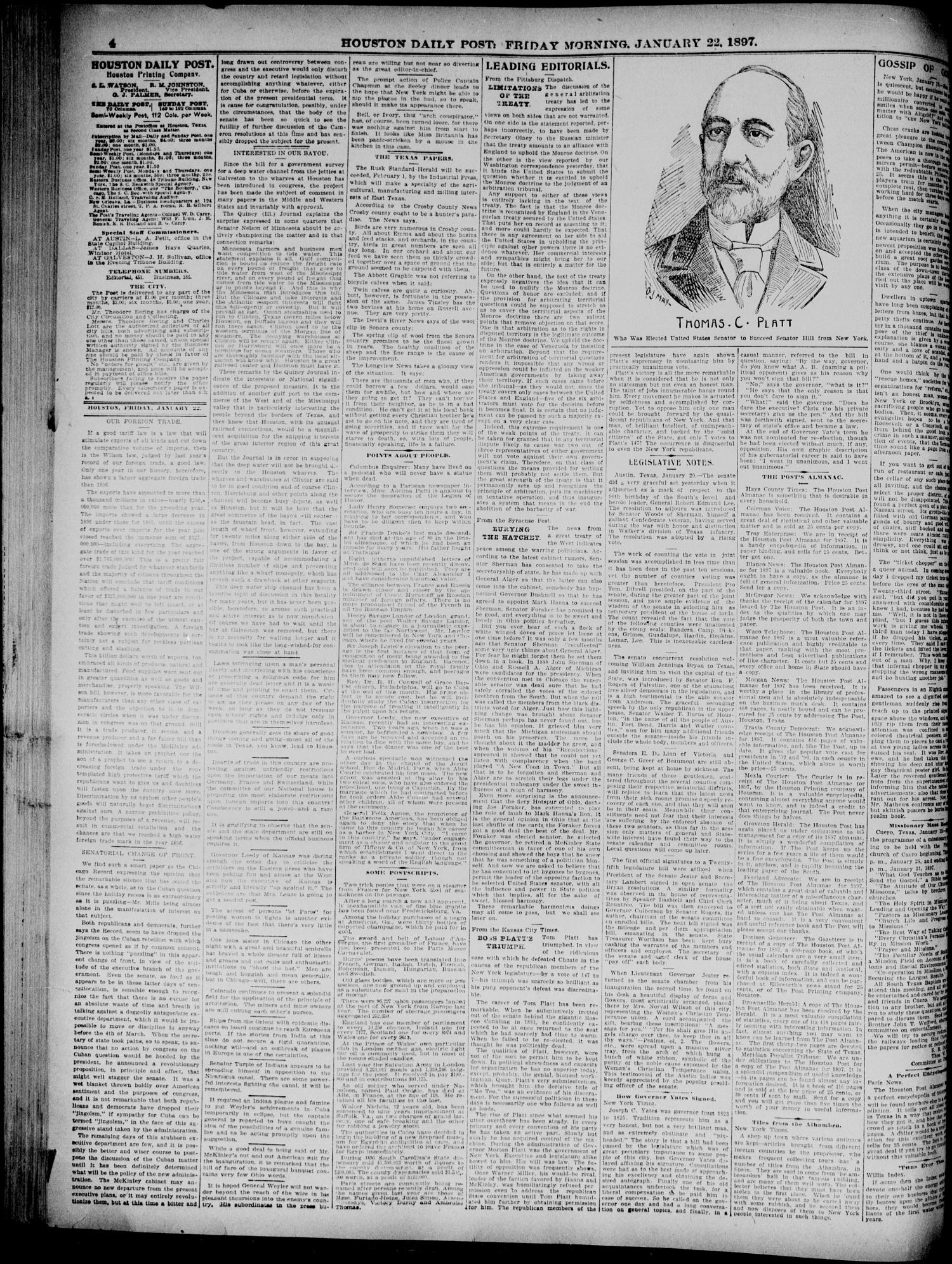 The Houston Daily Post (Houston, Tex.), Vol. TWELFTH YEAR, No. 293, Ed. 1, Friday, January 22, 1897
                                                
                                                    [Sequence #]: 4 of 10
                                                