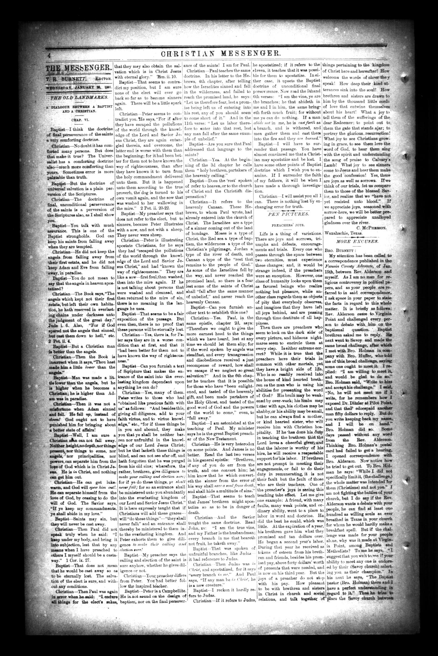 Christian Messenger (Bonham, Tex.), Vol. 7, No. 4, Ed. 1 Wednesday, January 26, 1881
                                                
                                                    [Sequence #]: 4 of 8
                                                
