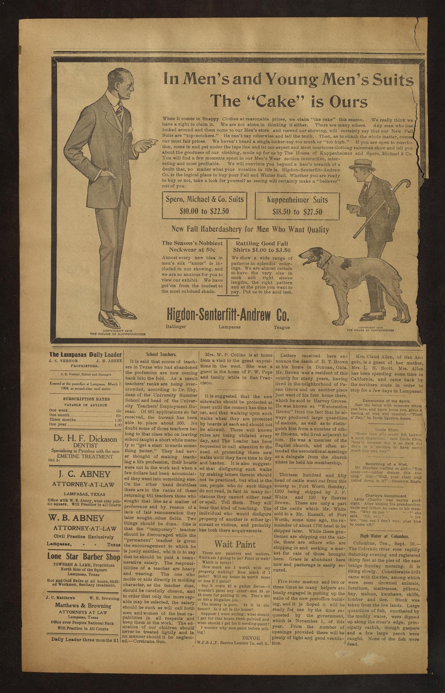 The Lampasas Daily Leader. (Lampasas, Tex.), Vol. 12, No. 169, Ed. 1 Monday, September 20, 1915
                                                
                                                    [Sequence #]: 4 of 4
                                                