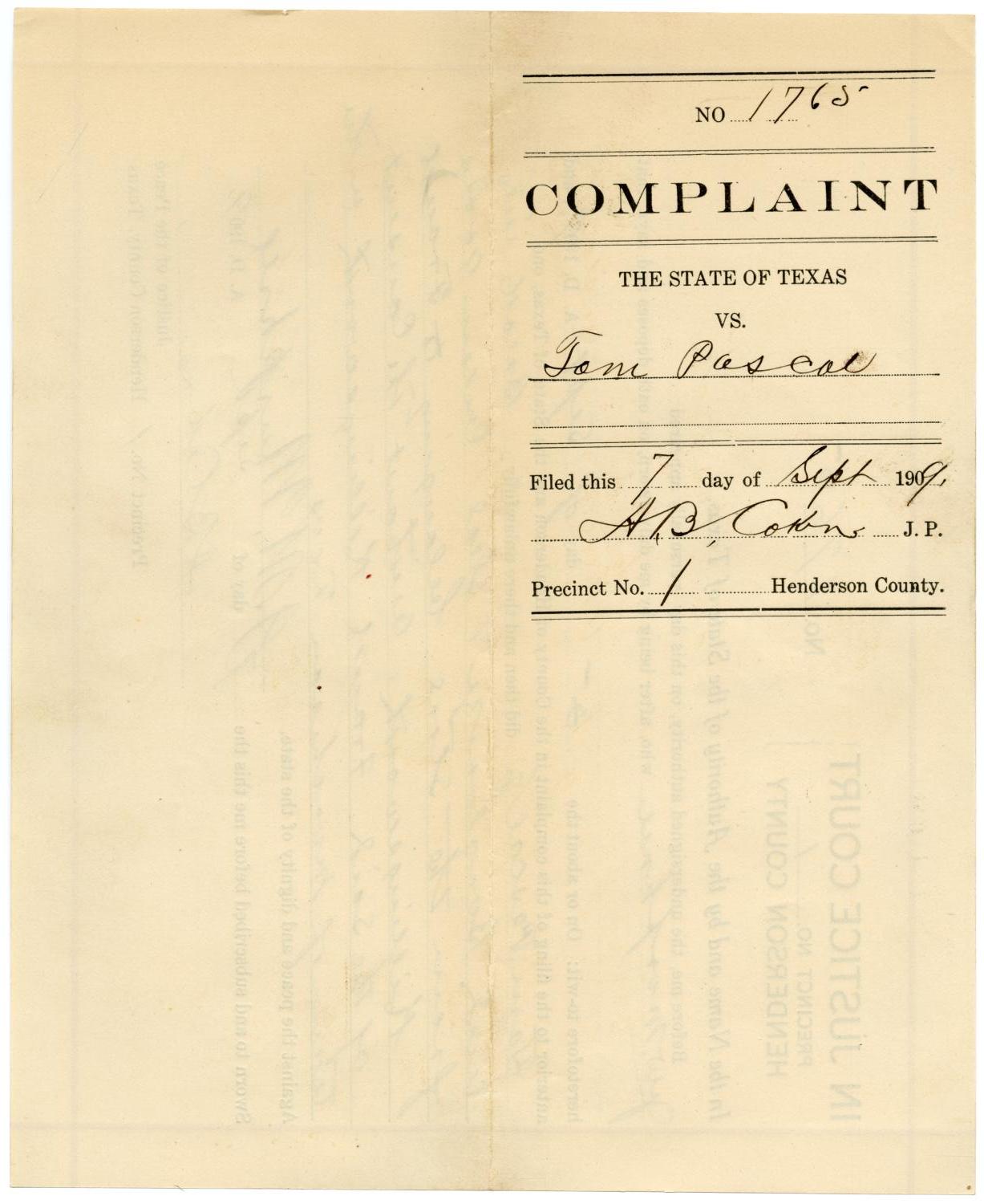 Documents pertaining to the case of The State of Texas vs. Tam Pascal. Jr., cause no. 1765, 1909
                                                
                                                    [Sequence #]: 4 of 6
                                                
