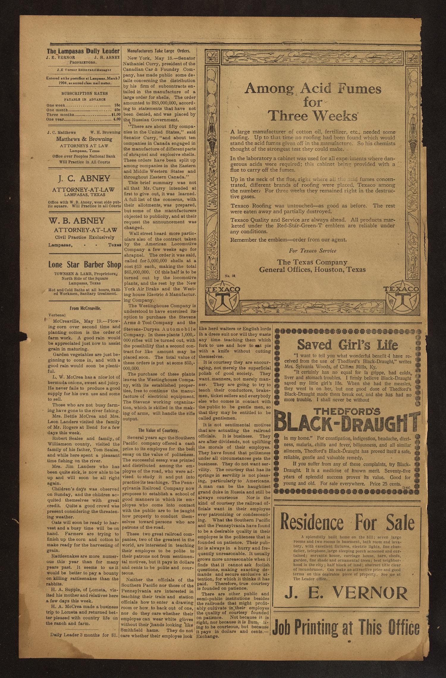 The Lampasas Daily Leader. (Lampasas, Tex.), Vol. 12, No. 64, Ed. 1 Thursday, May 20, 1915
                                                
                                                    [Sequence #]: 4 of 4
                                                