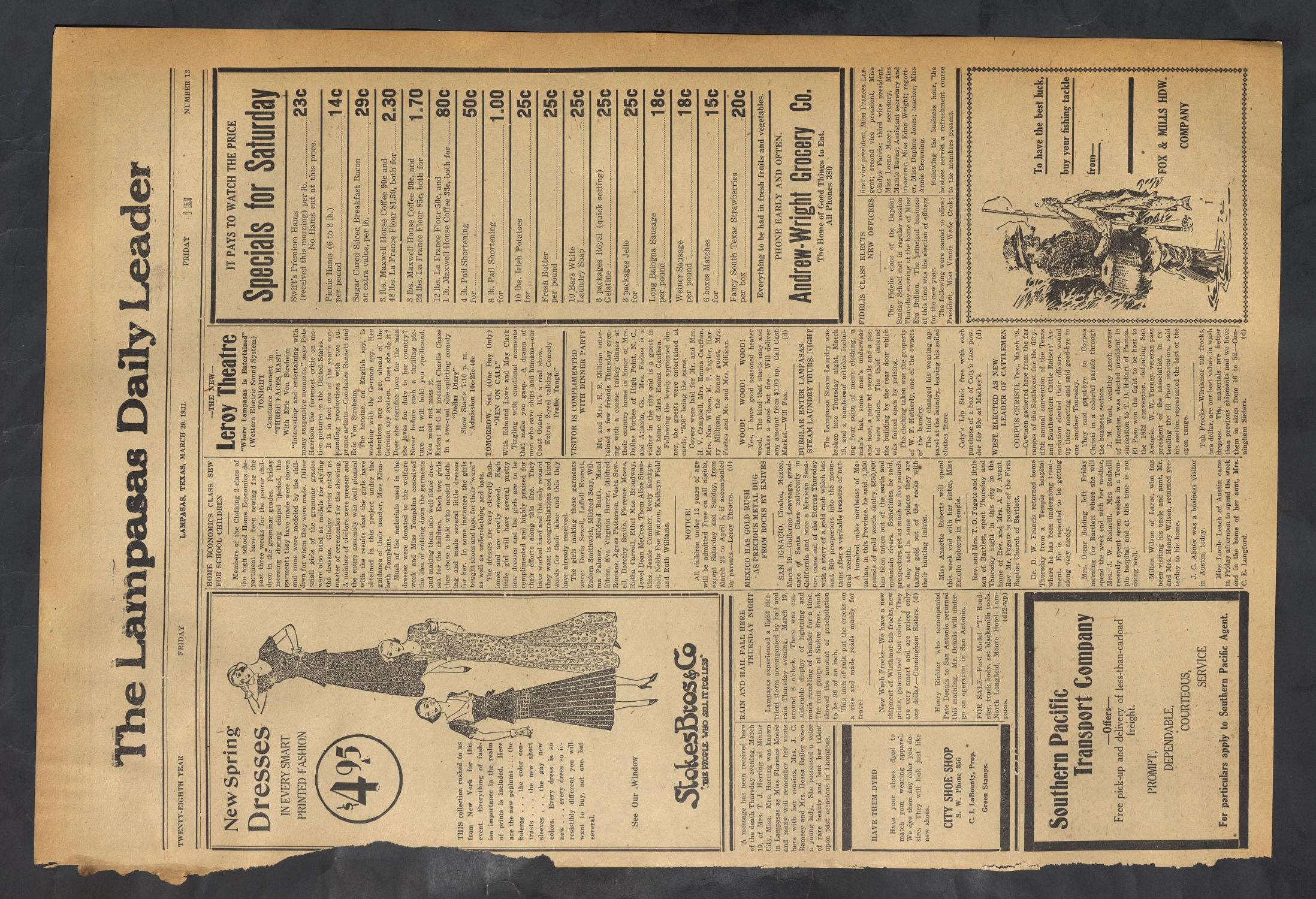 The Lampasas Daily Leader (Lampasas, Tex.), Vol. 28, No. 12, Ed. 1 Friday, March 20, 1931
                                                
                                                    [Sequence #]: 1 of 4
                                                