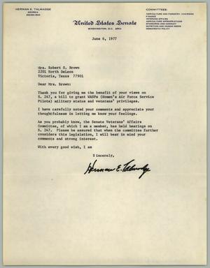 Primary view of object titled '[Letter from Senator Herman E. Talmadge to Eleanor Brown, June 6, 1977]'.