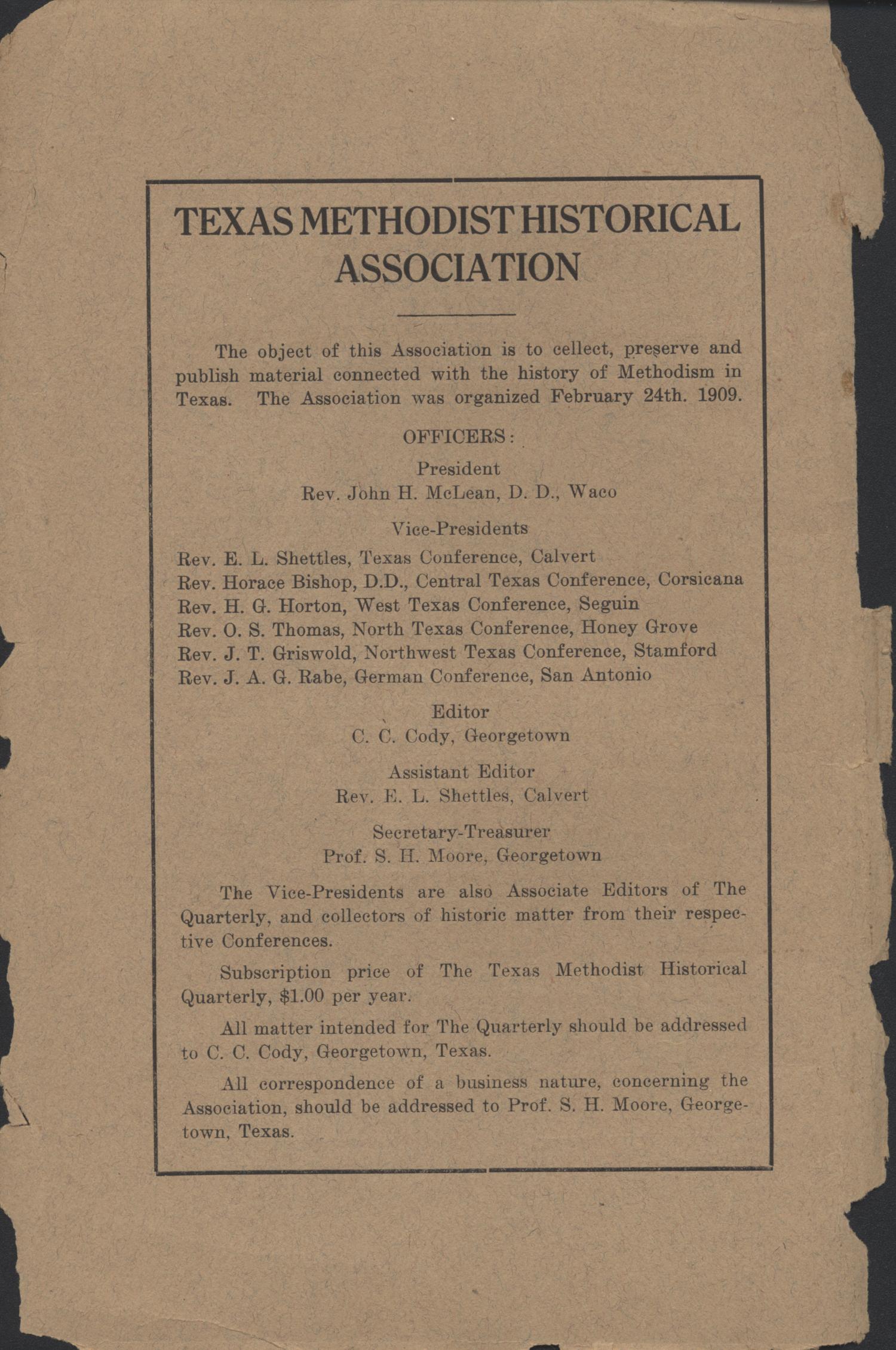 Texas Methodist Historical Quarterly, Volume 2, Number 3, January 1911
                                                
                                                    Front Inside
                                                
