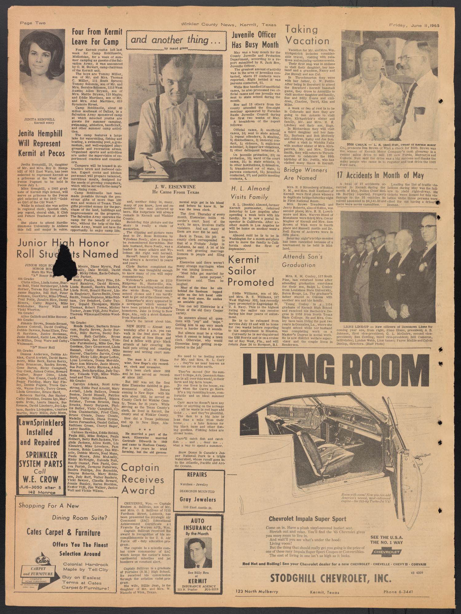 The Winkler County News (Kermit, Tex.), Vol. 30, No. 5, Ed. 1 Friday, June 11, 1965
                                                
                                                    [Sequence #]: 2 of 8
                                                