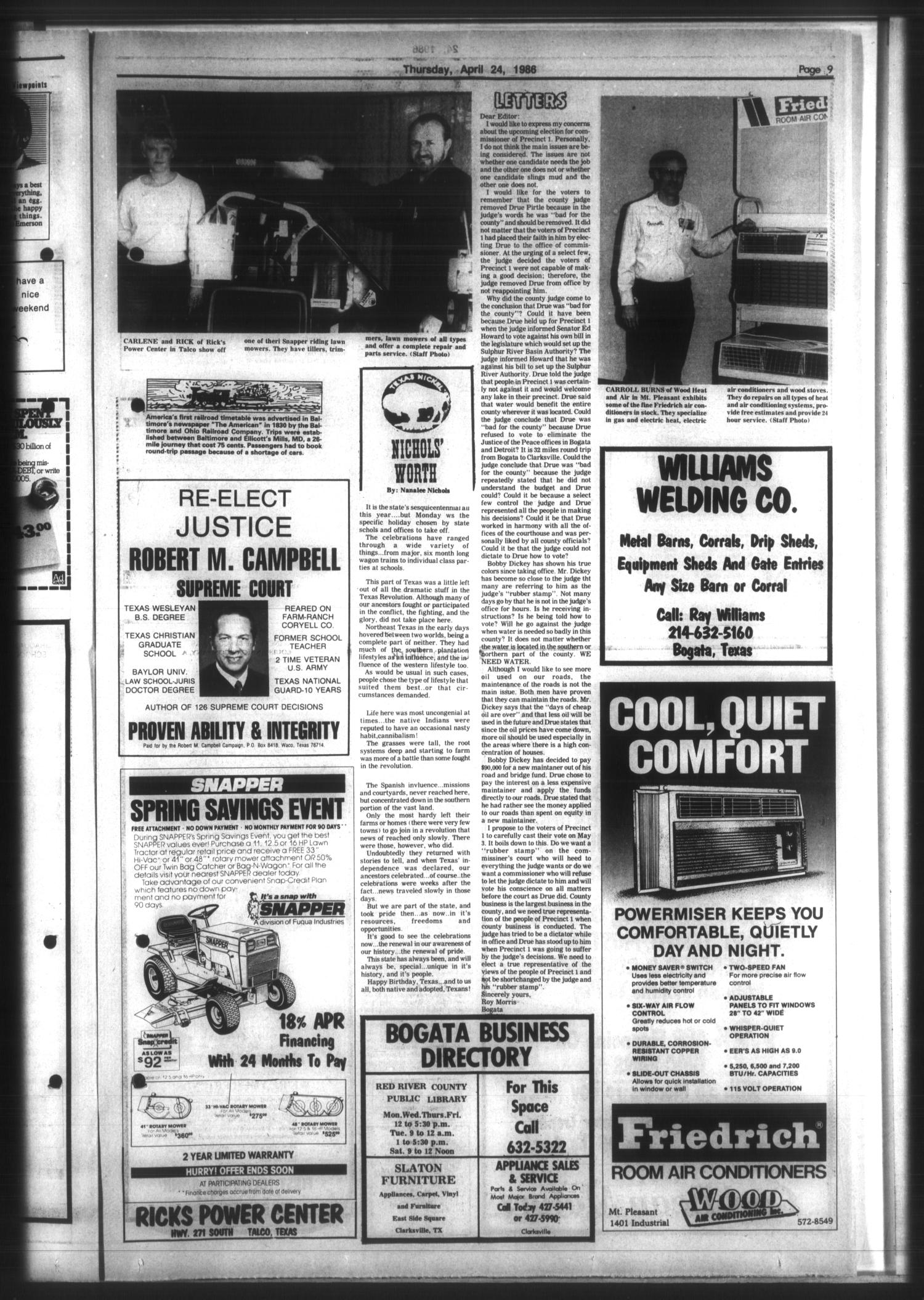 The Bogata News (Bogata, Tex.), Vol. 75, No. 29, Ed. 1 Thursday, April 24, 1986
                                                
                                                    [Sequence #]: 9 of 14
                                                