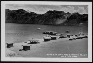 Primary view of object titled '[Postcard image of  the "Boat Landing and Bathing Beach Boulder Dam"]'.