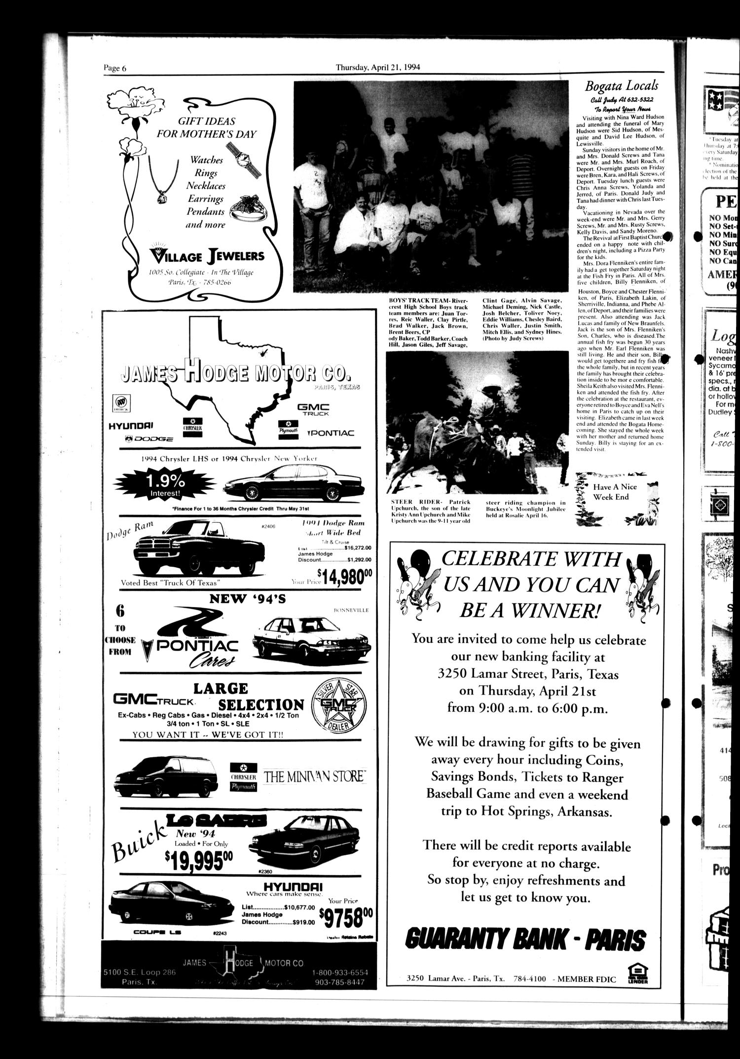 Bogata News (Bogata, Tex.), Vol. 84, No. 2, Ed. 1 Thursday, April 21, 1994
                                                
                                                    [Sequence #]: 6 of 10
                                                