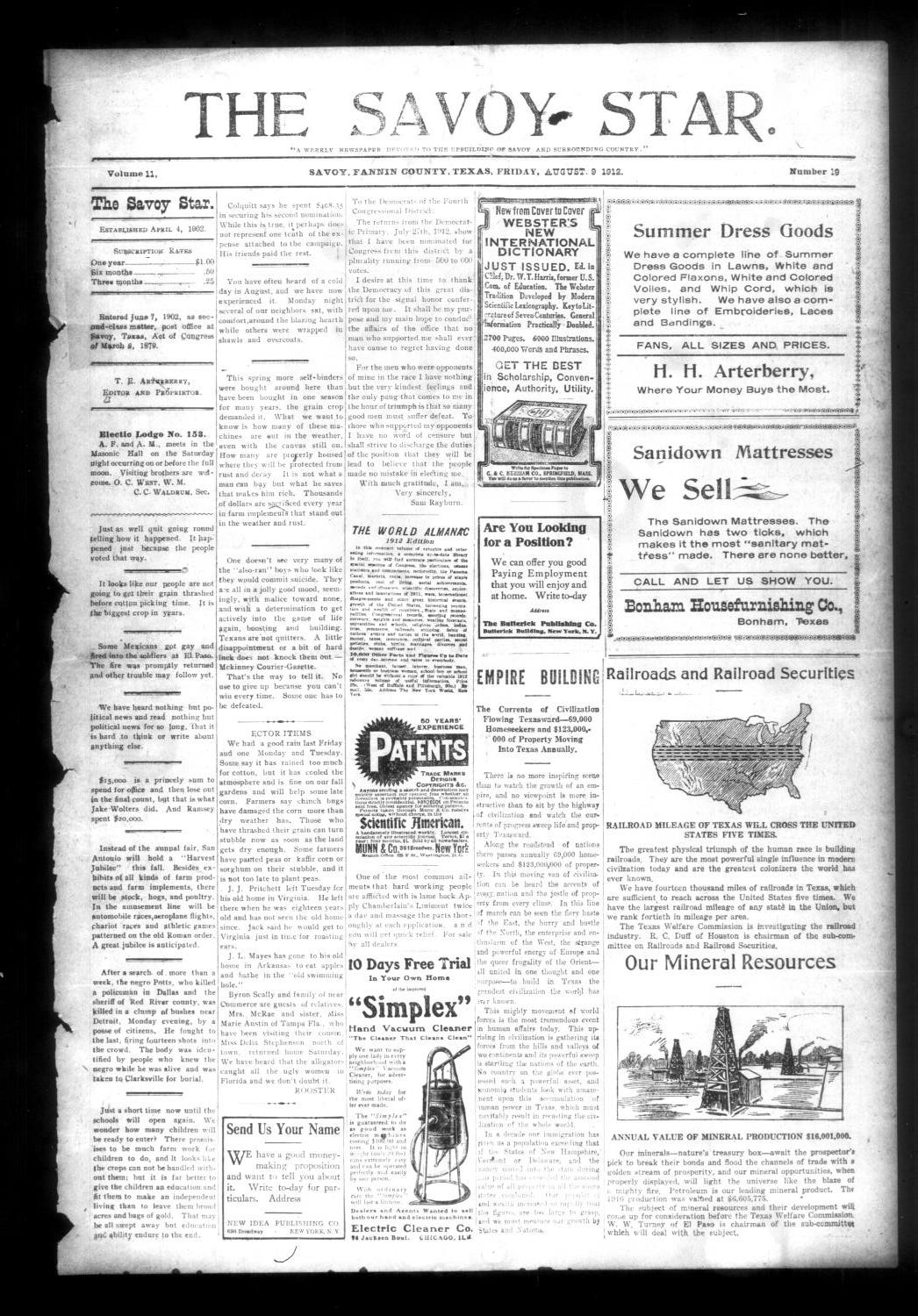 The Savoy Star. (Savoy, Tex.), Vol. 11, No. 19, Ed. 1 Friday, August 9, 1912
                                                
                                                    [Sequence #]: 1 of 4
                                                