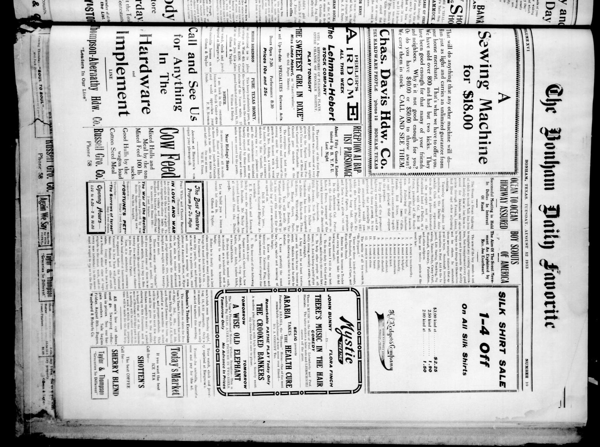 The Bonham Daily Favorite (Bonham, Tex.), Vol. 16, No. 10, Ed. 1 Tuesday, August 12, 1913
                                                
                                                    [Sequence #]: 1 of 4
                                                