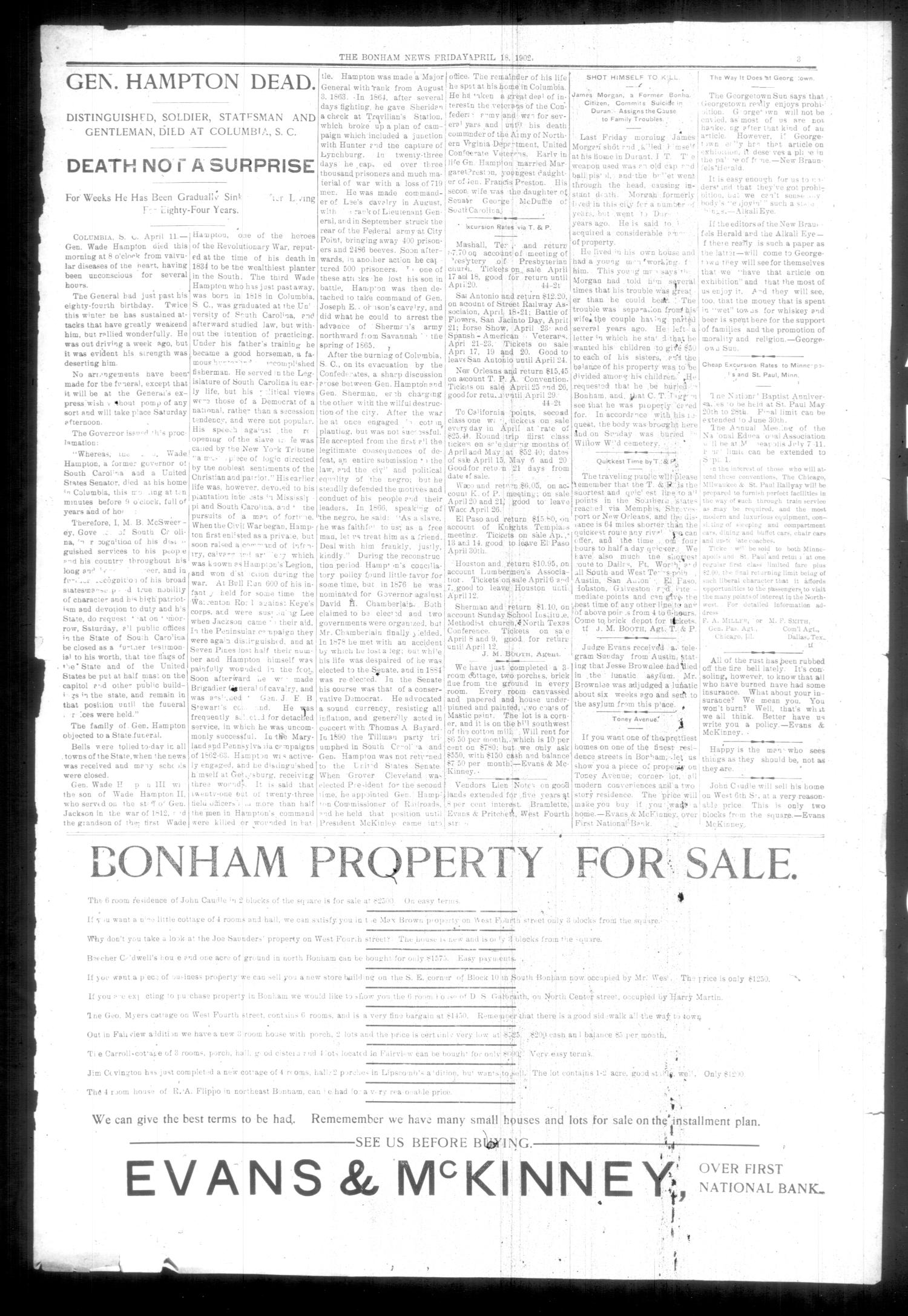 The Bonham News. (Bonham, Tex.), Vol. 36, No. 46, Ed. 1 Friday, April 18, 1902
                                                
                                                    [Sequence #]: 3 of 8
                                                