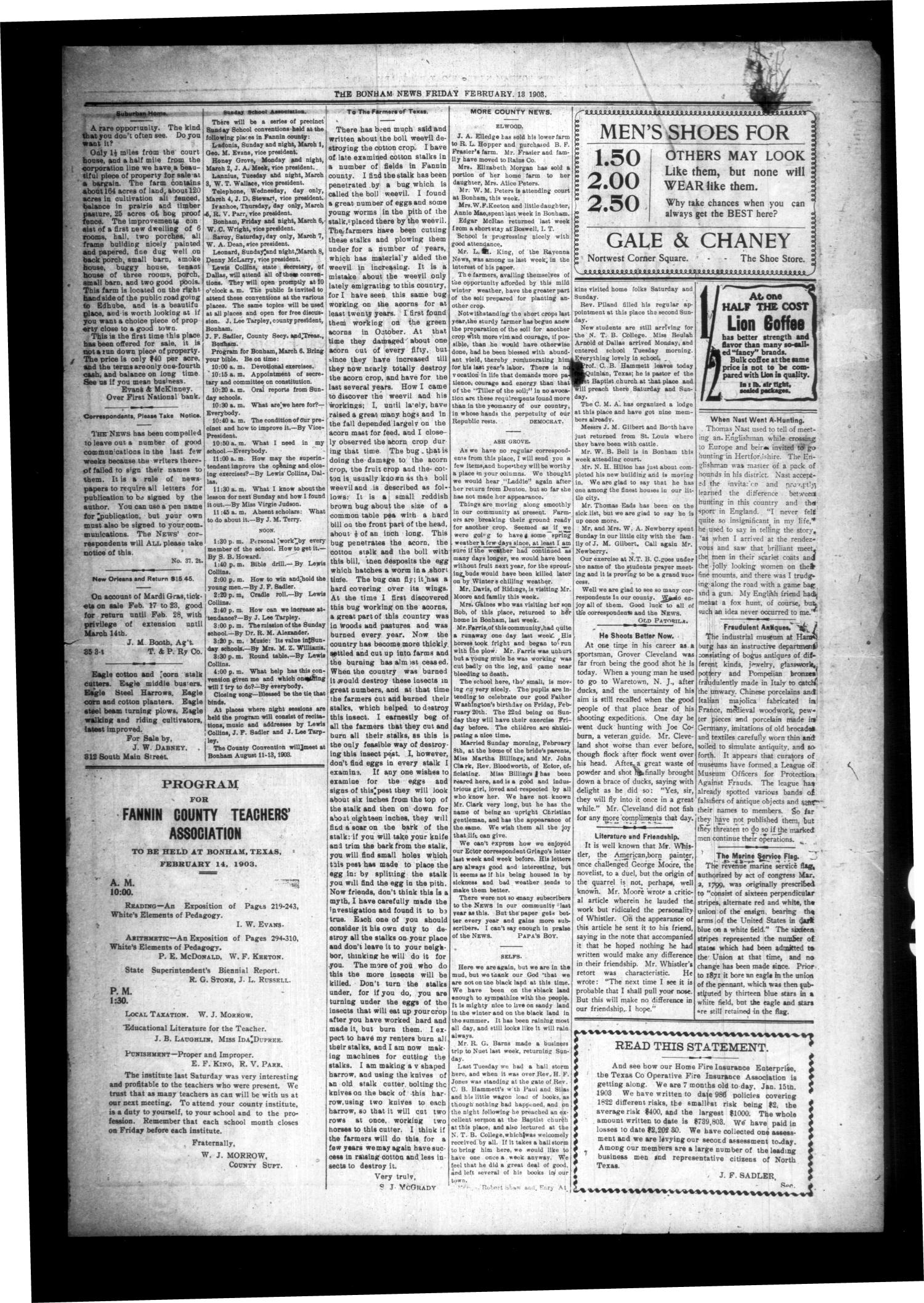 The Bonham News. (Bonham, Tex.), Vol. 37, No. 37, Ed. 1 Friday, February 13, 1903
                                                
                                                    [Sequence #]: 5 of 8
                                                