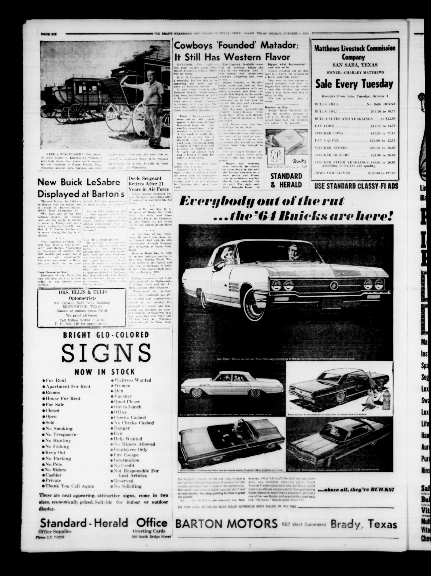 The Brady Standard and Heart O' Texas News (Brady, Tex.), Vol. 54, No. 51, Ed. 1 Friday, October 4, 1963
                                                
                                                    [Sequence #]: 6 of 12
                                                