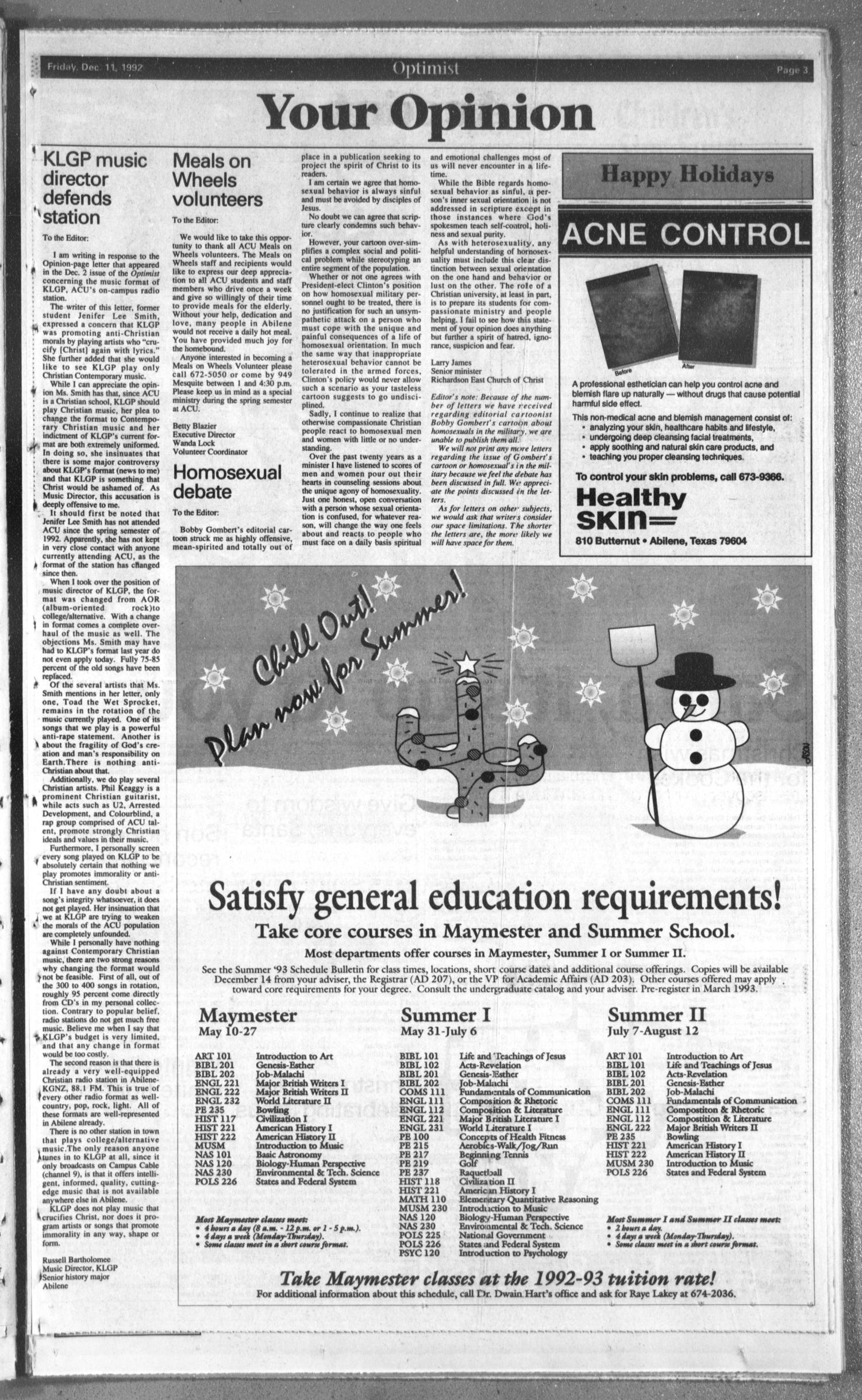 The Optimist (Abilene, Tex.), Vol. 81, No. 31, Ed. 1, Friday, December 11, 1992
                                                
                                                    [Sequence #]: 3 of 10
                                                