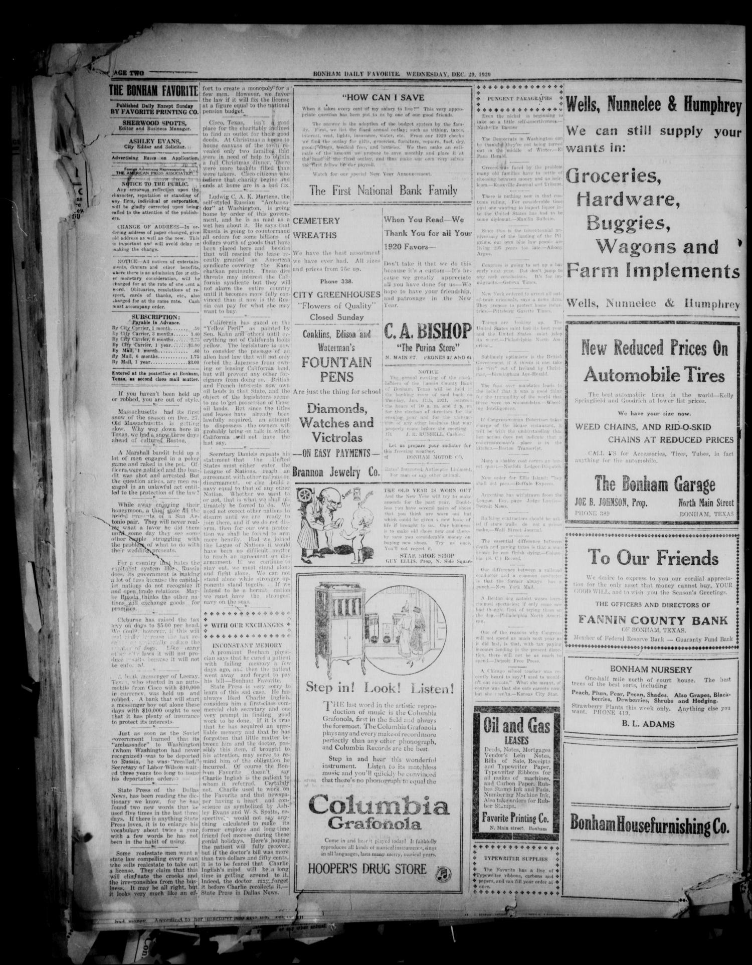 The Bonham Daily Favorite (Bonham, Tex.), Vol. 23, No. 125, Ed. 1 Wednesday, December 29, 1920
                                                
                                                    [Sequence #]: 2 of 6
                                                