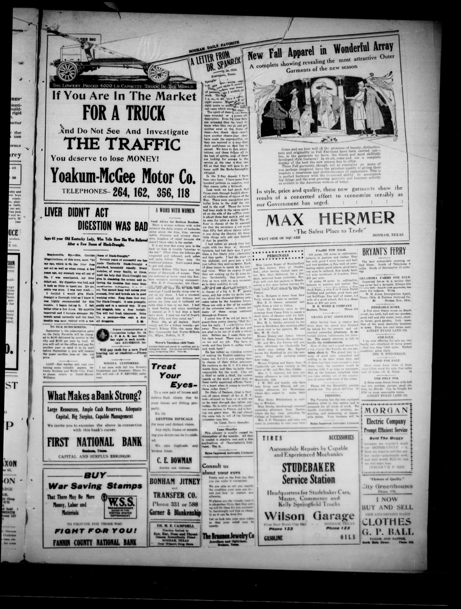 The Bonham Daily Favorite (Bonham, Tex.), Vol. 21, No. 18, Ed. 1 Thursday, August 22, 1918
                                                
                                                    [Sequence #]: 3 of 4
                                                