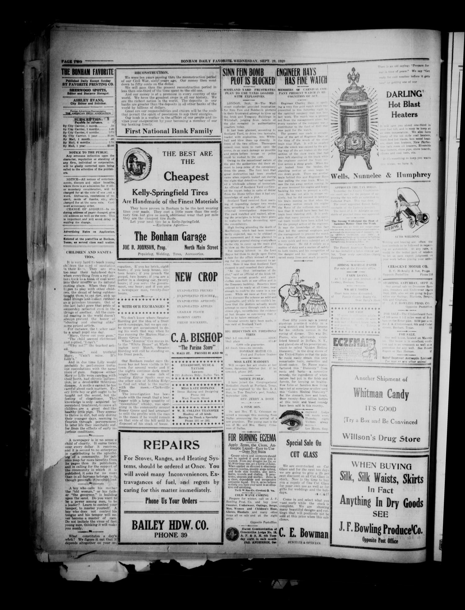 The Bonham Daily Favorite (Bonham, Tex.), Vol. 23, No. 48, Ed. 1 Wednesday, September 29, 1920
                                                
                                                    [Sequence #]: 2 of 6
                                                
