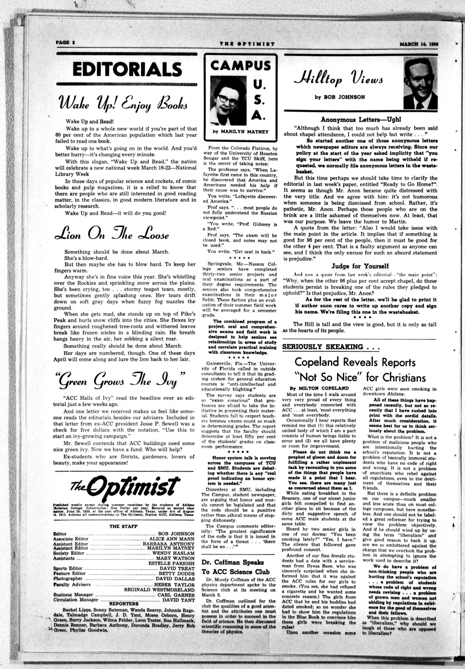 The Optimist (Abilene, Tex.), Vol. 45, No. 21, Ed. 1, Friday, March 14, 1958
                                                
                                                    [Sequence #]: 2 of 8
                                                