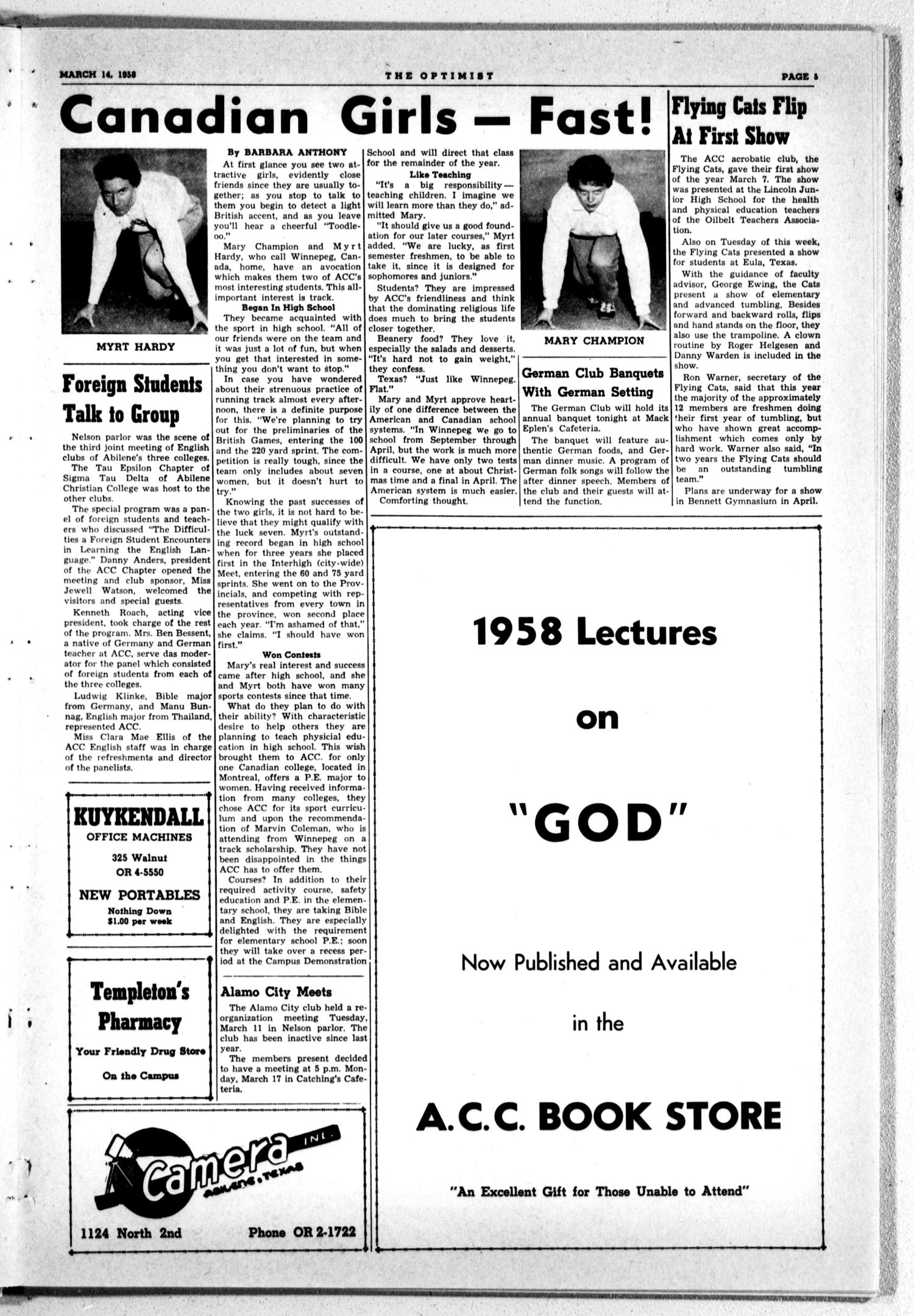 The Optimist (Abilene, Tex.), Vol. 45, No. 21, Ed. 1, Friday, March 14, 1958
                                                
                                                    [Sequence #]: 5 of 8
                                                