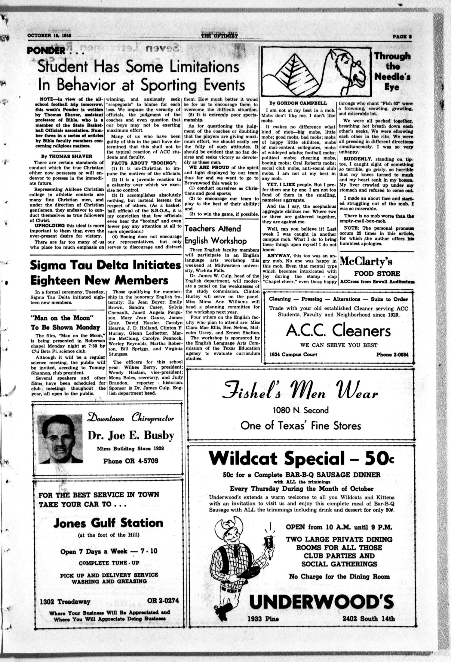 The Optimist (Abilene, Tex.), Vol. 47, No. 5, Ed. 1, Friday, October 16, 1959
                                                
                                                    [Sequence #]: 3 of 8
                                                