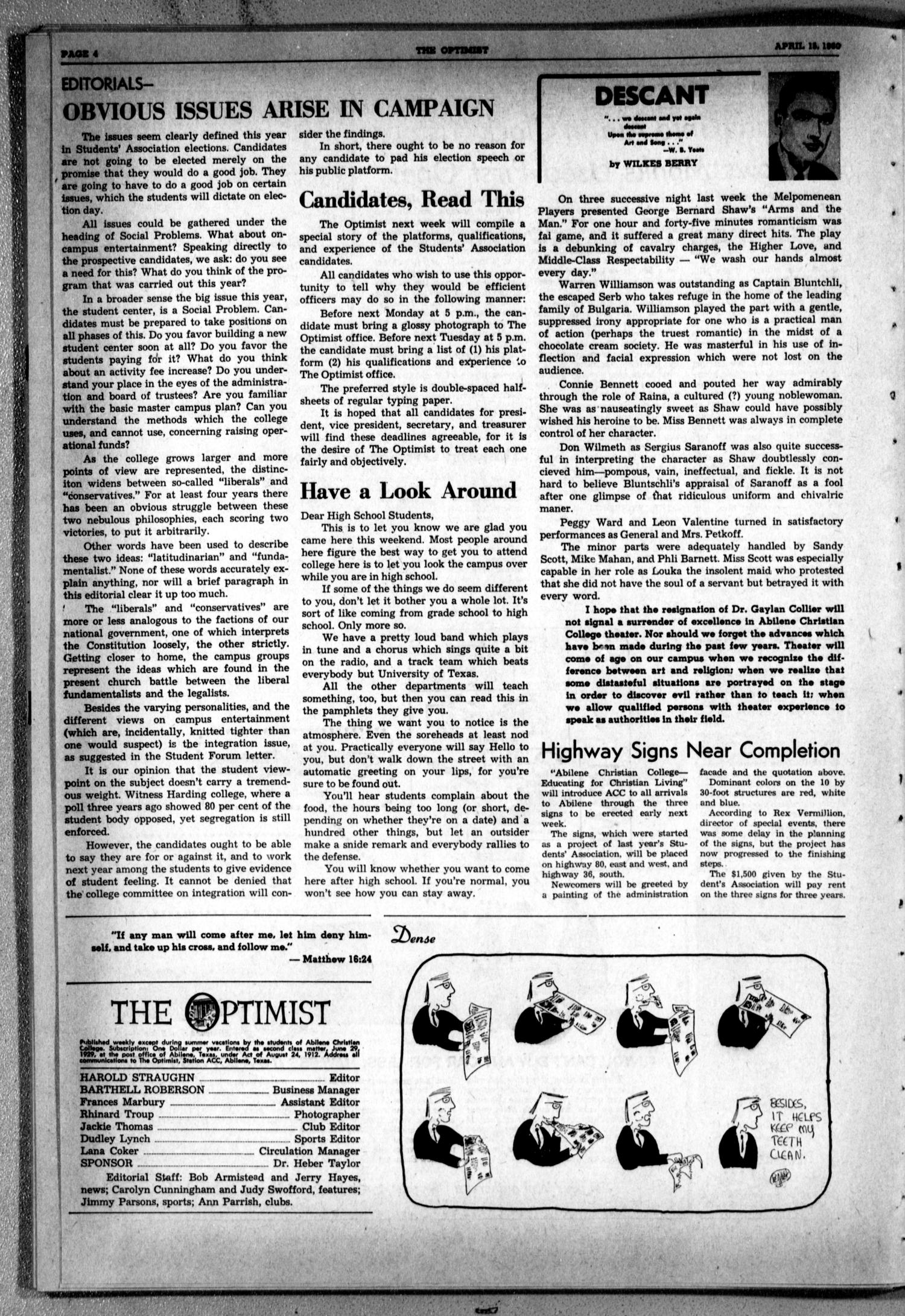 The Optimist (Abilene, Tex.), Vol. 47, No. 27, Ed. 1, Friday, April 15, 1960
                                                
                                                    [Sequence #]: 4 of 8
                                                